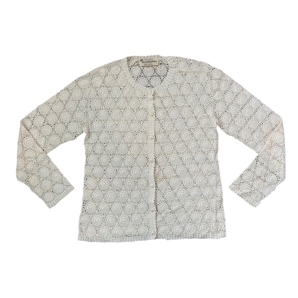 VTG hand crotcheted cream bottom down‎ cardigan coquette boho S lace soft